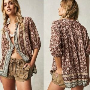 Free People Bohemian Border Batik Peasant Top Brown Multi |Large